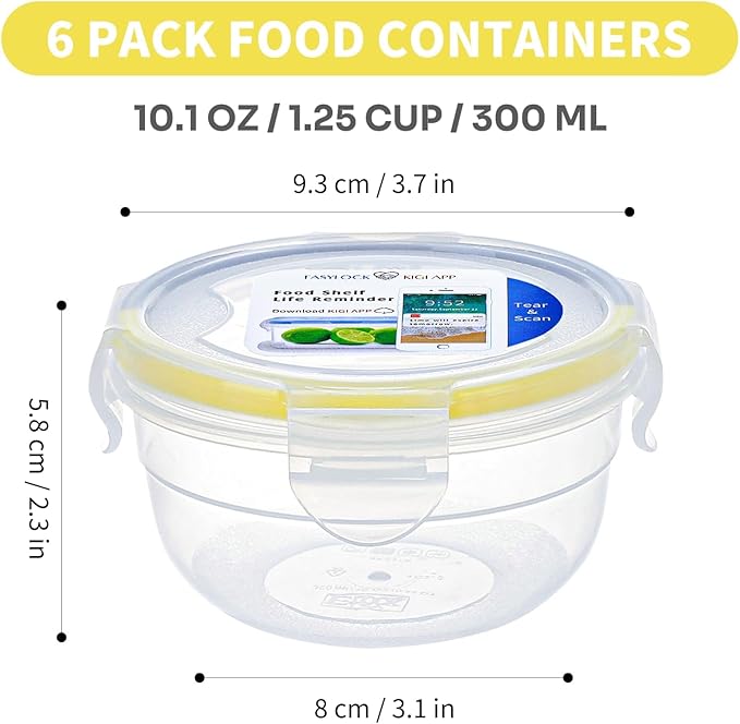 KIGI 6 PACK 10oz Plastic Round Bowls with Lid Leakproof Food Storage Container Set Small Meal Prep Containers Bento Box