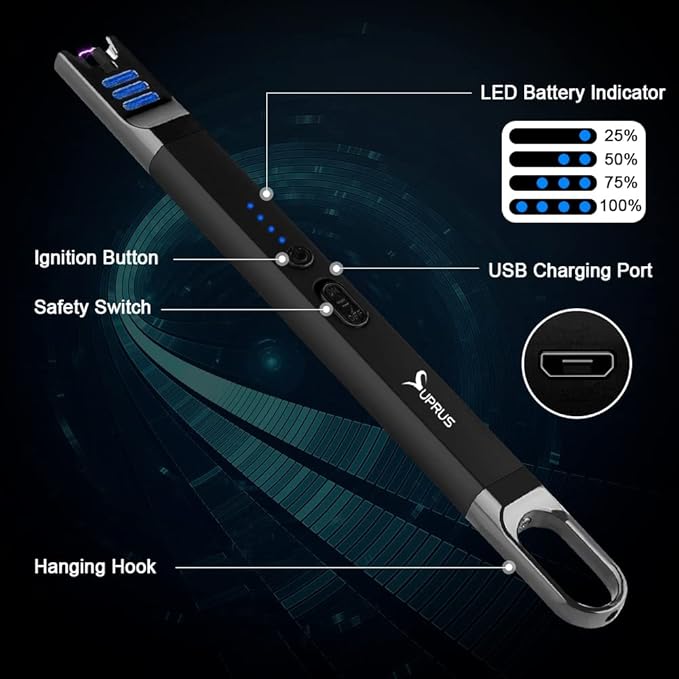 SUPRUS Candle Electric Arc Lighter Windproof Flameless USB Rechargeable Lighter with LED Light for Candle Camping BBQ Cooking (Black)