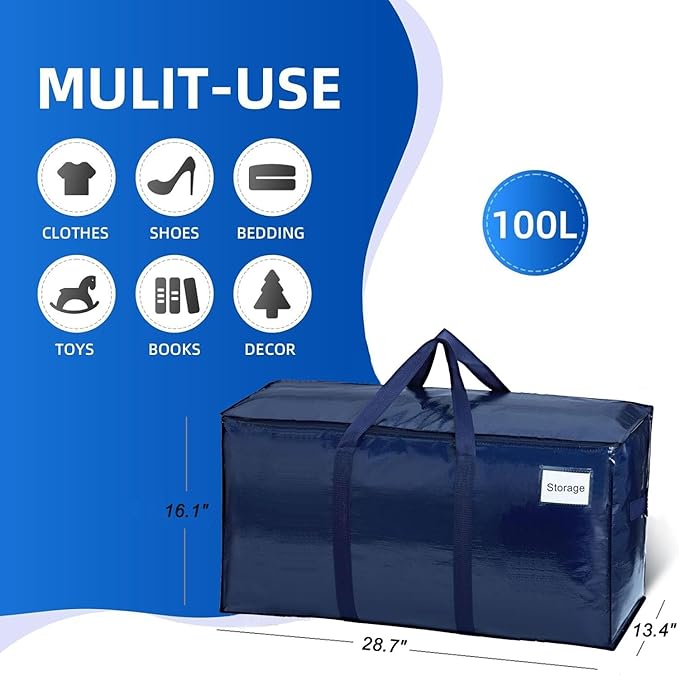 Extra Heavy Duty Large Moving Bags with Strong Zipper & Comfortable Handles, Sturdy & Durable Clothes Storage Bags Totes Bins, Dark Blue Packing Moving Boxes (2-pack)