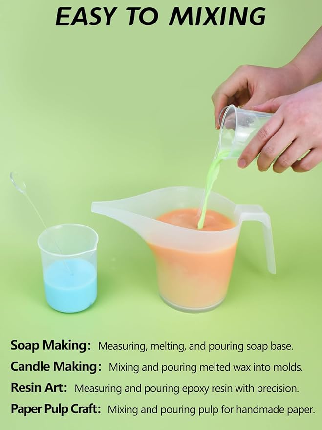Artcome Funnel Pitcher Set - 4 Pack, 1000ml Plastic Measuring Pitchers with Funnels, 4 Stirring Rods, and 15 Small Measuring Cups for Soap Making, Resin Casting, Baking, and DIY Crafts