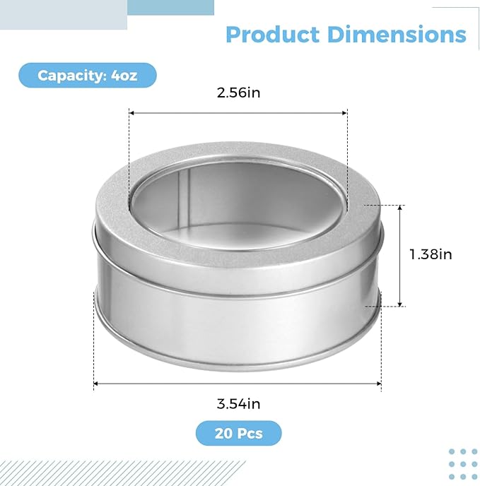 20 Pcs Metal Tin Cans 4 OZ Round Containers with Clear Tops, Empty Food Storage Containers for Storing Candles, Candies, Tea, Silver Tin Cans for Kitchen, Office, Travel