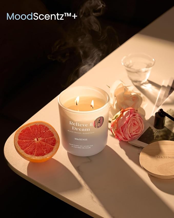 M&SENSE Orange & Rose Aromatherapy Candle for Stress Relief & Relaxation, 14.1oz 80-Hour Long-Lasting Non Toxic Highly Scented Candle, Natural Soy Wax Spiritual Healing Gift