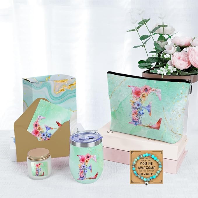 Personalized Gifts Monogrammed Birthday Gifts for Women, Daughter Bestie Friendship Christmas Halloween Initial Wine Tumbler Makeup Bag Scented Candle Bracelet Set, (Aesthetic Green Flower E)