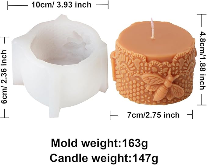 Bee Lace Trim Cylinder Candle Mold, Honeybee Beehive Pillar Silicone Mold for Beeswax Candle, Soy Wax Candle, Plaster Ornament, DIY Crafts (J)