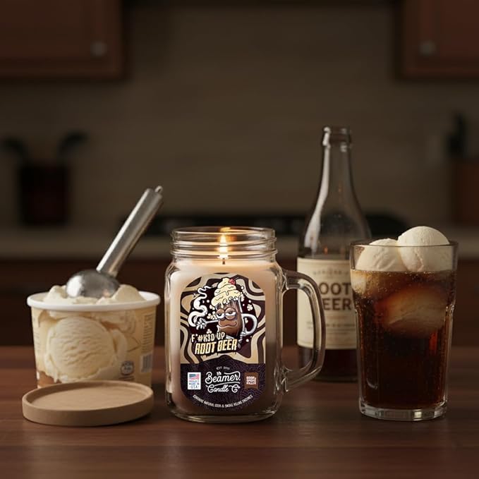 Root Beer Float Candle – Odor Eliminating, Strong Scent – Root Beer with Vanilla Cream – Long Lasting 90 Hour Burn – Large 12oz Mason Jar – Made in USA – Beamer Candle Co.