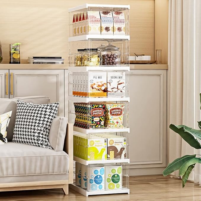 Shoe Storage Organizer Box 6-Tier Foldable Collapsible Stackable Shoe Rack Bins, Fit Size 12, No Assembly, for Men and Women (Transparent)
