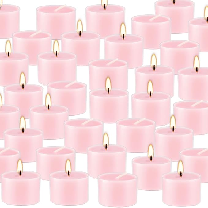 Rose Scented Candle Tealight Candles in Clear Cup, 8 Hours Consistent Smkless Clean Burning, Great for Valentine's Day Holiday, Wedding, Spa, Emergency and Home Decoration（Pink，50 Pack）