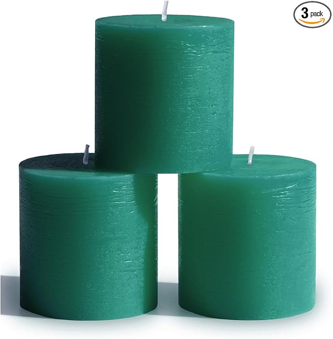 CANDWAX 3x3 Inch Green Pillar Candles Set of 3 - Rustic Unscented No Drip Green Candles for Weddings, Centerpieces, Home Décor, Christmas Decorations