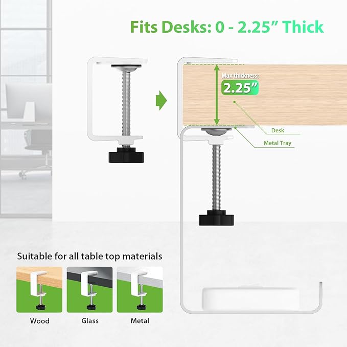 KEEGH 16" Under Desk Cable Management Tray, 2 Pack Desk Cord Organizer Upgrade Capacity, No Drill Clamp/Screws Mount, Cord Management Tray for Home Office, Gaming Desk, Standing Desk, White