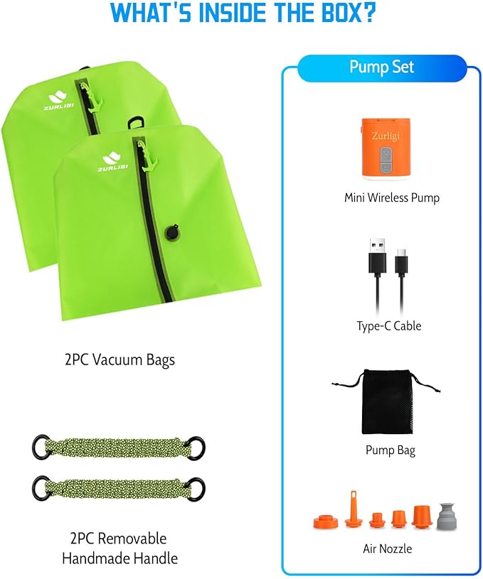 Zurligi Travel Vacuum Compression Bags with Removable Handle & Mini Pump – 39L Reusable IPX8 Waterproof Vacuum Packing Cubes, Vacuum Seal Bags for Clothes, Suitcase & Backpack(2-Pack Green)