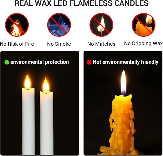 PChero Rechargeable Taper Candles with Remote Timer, 9.8 Inches Real Wax Flameless LED Tapered Candles USB Chargeable for Fireplace Xmas Holiday Home Decor, 2 H Charge/130 H Work Time