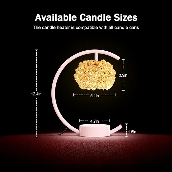 Yeuslor Pink Candle Warmer Lamp for Jar Candles with Adjustable Brightness＆Timer，Handcrafted Crystal＆Wooden Base,Candle Lamp Luxurious Design+2Bulbs,Home Decoration Electric Candle lamp(C-Shaped)