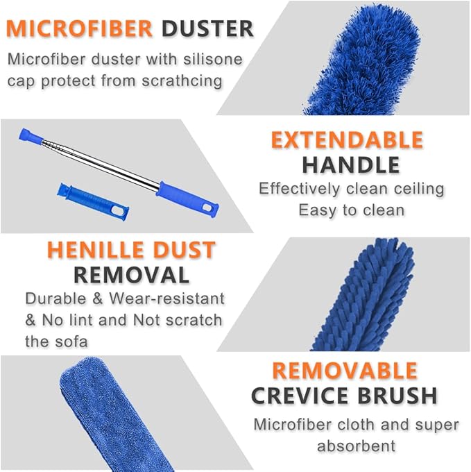 Professional Microfiber Feather Dusters for Cleaning, 6PCS Extendable Bendable Dusters with 100" Telescopic Pole, Washable & Reusable Cleaning Kit for Ceiling Fans, Blinds, Hard-to-Reach Areas (Blue)
