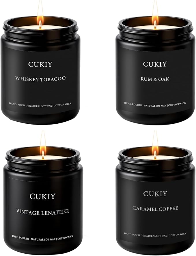 Scented Candle Gift Set, 4 Pack 25oz Soy Wax Candles, Long Lasting Aromatherapy Candles for Home Fragrance, Ideal Gift for Women and Men – Vintage Leather, Caramel Coffee, Rum Oak, Whiskey Tobacco