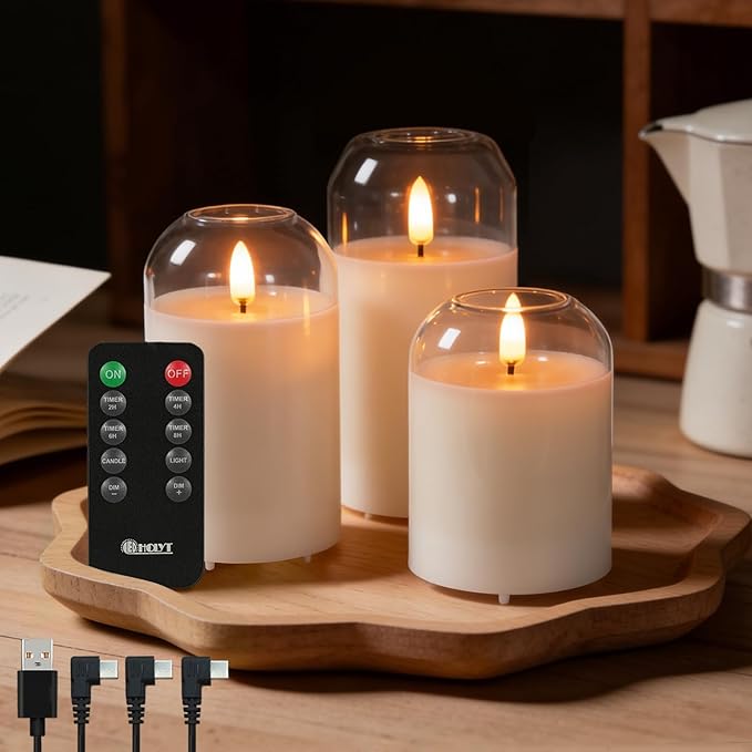 Rechargeable Glass Jar Flameless Candles, Realistic Flickering LED Pillar Real Wax Candle with Remote Control and Timer, Ideal for Living Room, Bedroom & Easter Home Décor, 1 Set of 3