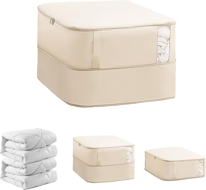 Veki Comforter Storage Bag, Space Saving Self Compression Foldable Blanket Storage Bags, Closet Organizer With Handle and VisualiZation Window, Large capacity 130L for Bedding, Clothes (Apricot L)