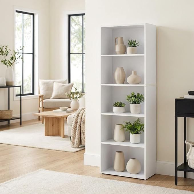 Furnifact White 5-Tier Reversible Color Open Shelf Bookcase, Versatile Storage Organizer, Durable Wood Construction, Modern Design for Living Room, Office