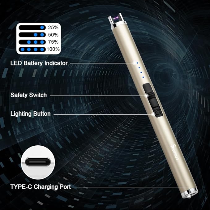 SUPRUS Electric Lighter Candle Type C Rechargeable Lighter with Upgraded LED Battery Display Safety Switch Flameless Plasma Windproof for Candle Cooking BBQs Fireworks Gift(Champagne Gold)