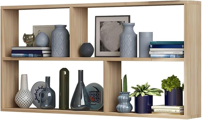 RUNNUP Floating Wall Mount Bookcase Engineered Wood Book Shelf Decor Wall Shelf for Study Room Office Living Room, Natural 47.2" L x 7.9" W x 25.6" H