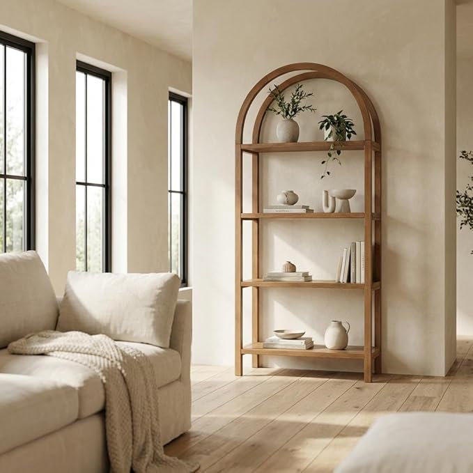 White Large Arched Bookshelf, Engineered Wood Storage Unit with Spacious Shelves and Modern Design for Living Room or Office Use