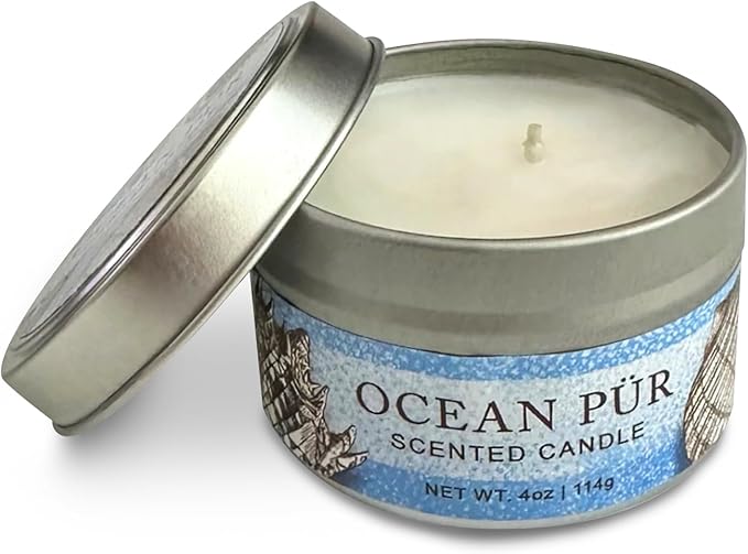 Greenwich Bay Hand-Poured Scented Candle in Decorative Tin – 4 oz/114 g Travel Candle with Lead-Free Wick, Vegetable Wax, Long-Burning Aromatherapy Gift, Single Wick – Made in USA (Ocean Pur)
