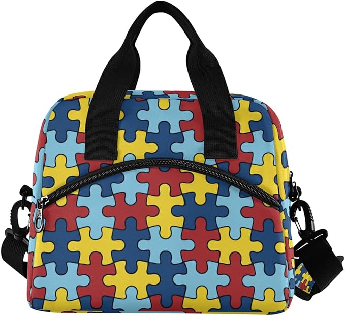 CBBYY Autism Awareness Colorful Puzzle Piece Lunch Bags for Women Men, Reusable Insulated Lunch Box, Adjustable Shoulder Straps Tote Lunch Bag for Work Picnic School