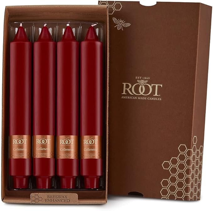 Root Candles Unscented Dinner Candles Premium Beeswax Blend Boxed Candle Set, 9-Inch, Garnet, 4-Count
