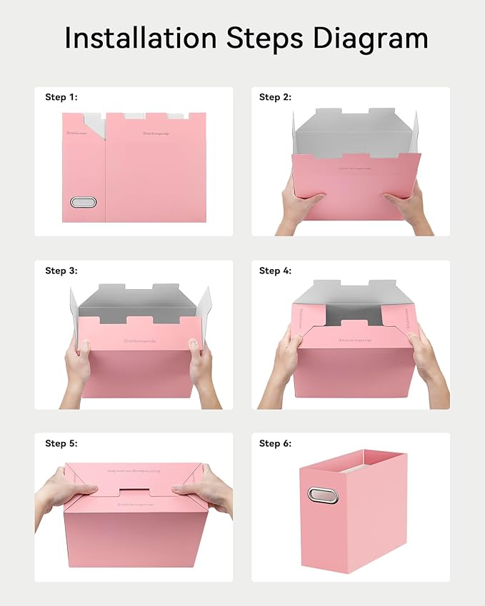 Oterri File Organizer Box, Portable Collapsible Cardboard File Folder Organizer with Handle for Letter Size Hanging Files, Document Storage Box for Home Office & Classroom (6 Packs, Pink)