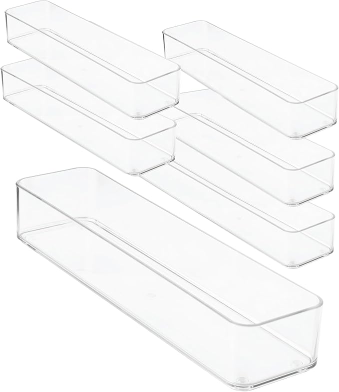 primebox Plastic Clear Drawer Organizers. Bathroom, Kitchen, Bedroom, Gadgets, Office Organizer Bins, Storage Trays. Heavy Duty, Stackable. 12" x 3" x 2" Set of 6