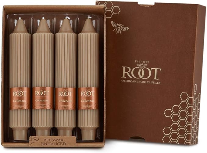 Root Candles 4-Count Unscented Dinner Candles Dripless Beeswax Enhanced Grecian Collenette Boxed Candle Set, 7-Inch, Taupe