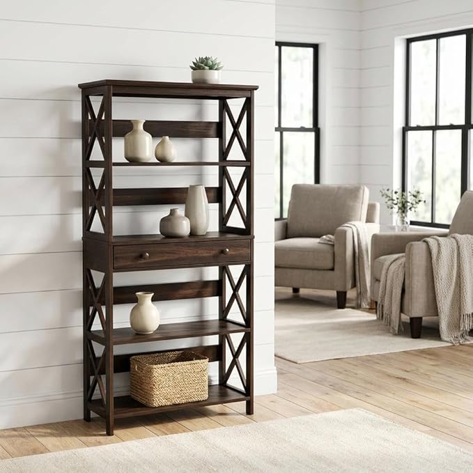 Furnifact Espresso 5-Tier Bookcase with Drawer, Durable Particle Board and Non-Lead Base Paint, Stylish Storage Solution for Home or Office, Modern Design