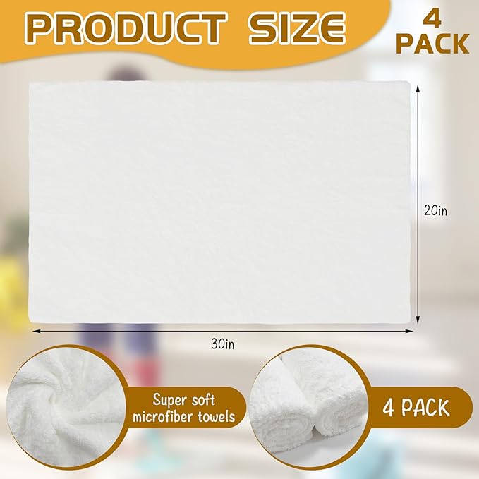 4 Pcs Extra Large Microfiber Cleaning Cloth, 30"x20" Washable Reusable Floor Cloth for Squeegee Mop House Floor Kitchen Car Window Highly Absorbent, Lint and Streak Free (White)