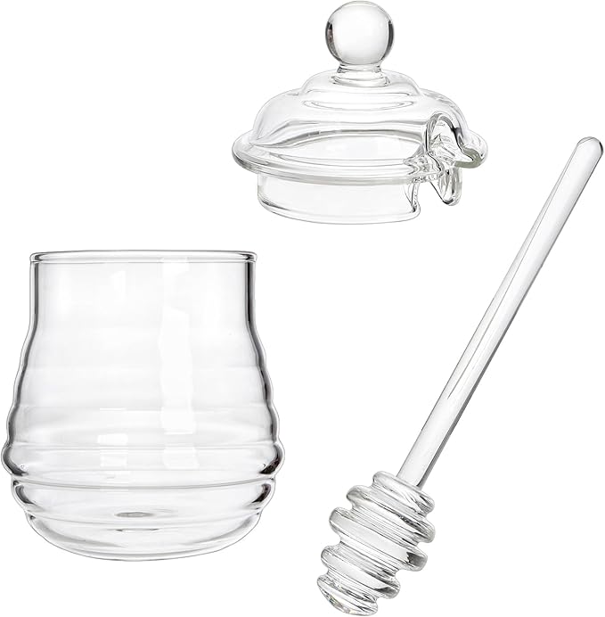 Lawei Glass Honey Jar with Dipper and Lid, 10 OZ Heat-Resistant Bee Hives Honey Pot, Clear Glass Honey Container for Store Honey and Syrup, Home and Kitchen, Easy to Clean, Dishwasher Safe