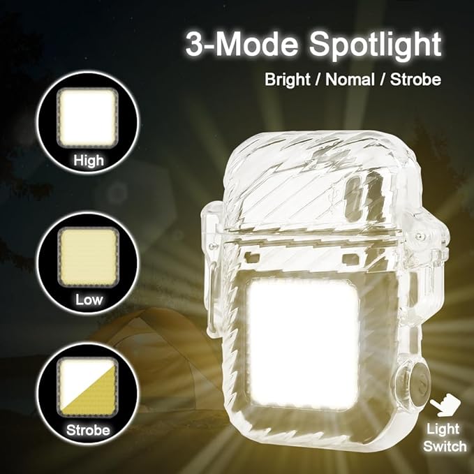 SUPRUS Waterproof Luminous Lighter of Flashlight Windproof Arc Electric Lighters Rechargeable Dual Arc Plasma (Black, 2Packs)