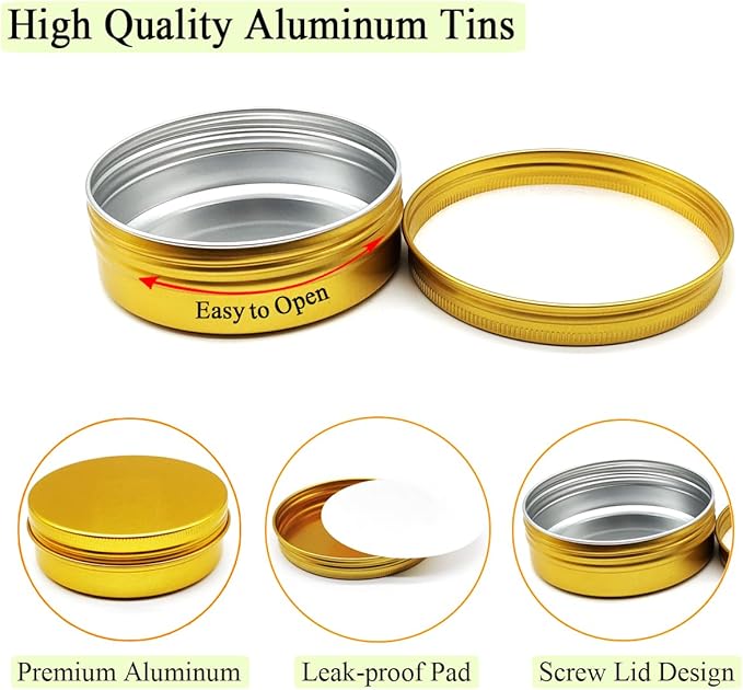 10pcs 60ml Round Lip Balm Tin Cans, 60 Gram Aluminum Tins Gold Cosmetic Sample Containers with Screw Lid, 60g Metal Empty Storage Travel Jars for Salves, Lip Balms, Face Cream, Candle, Tea