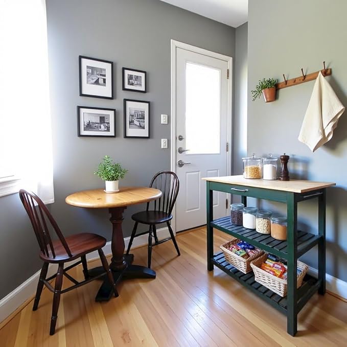 Furnifact Solid Wood Kitchen Island with Drawer, 2 Open Shelves, Hunter Green Base and Natural Top, Island Table for Kitchen Storage and Food Prep