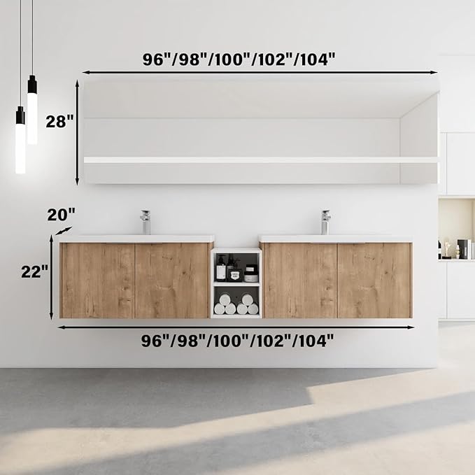 96IN Bathroom Vanity with Double Sink, Modern Solid Wood Floating Bathroom Sink Cabinet, Anti-Fog Mirror, Smart Storage Solutions, Waterproof Design, Open Shelving for Easy Access