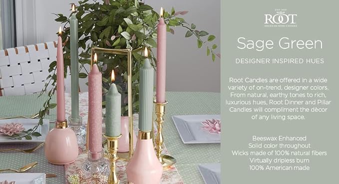 Root Candles 4-Count Unscented Dinner Candles Dripless Beeswax Enhanced Timberline™ Collenette Boxed Candle Set, 7-Inch, Sage Green
