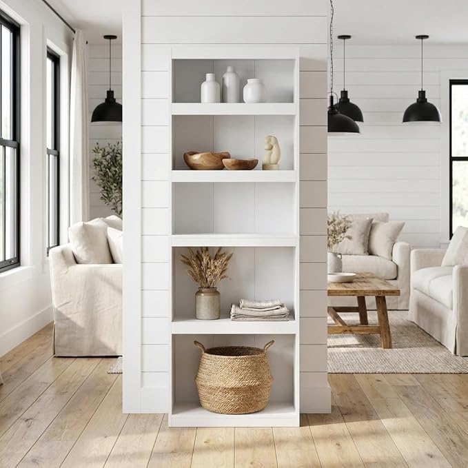 Furnifact White 5-Tier Shelf Bookcase with Spacious Storage, Sturdy Wooden Construction, Modern Design, Perfect for Living Room, Office or Bedroom