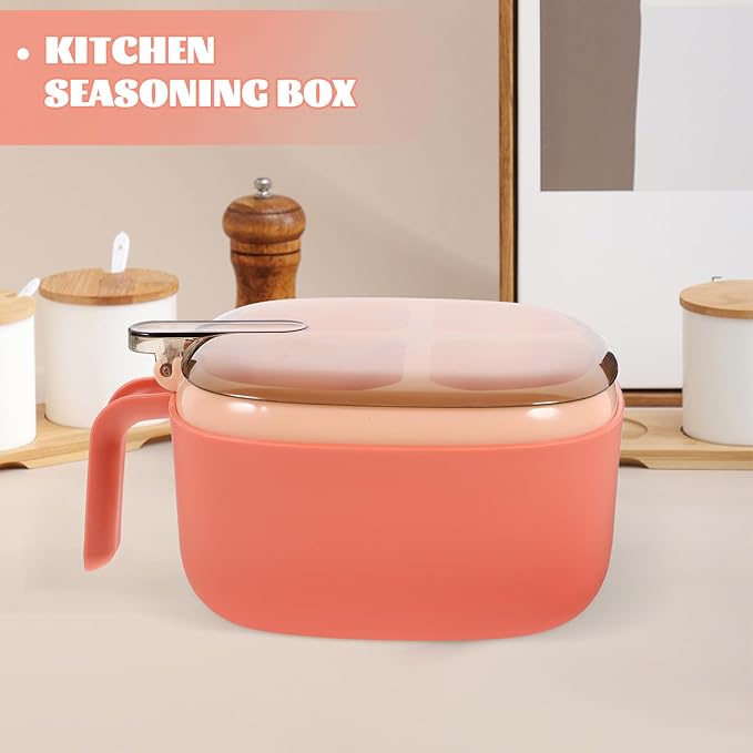 Pink Spice Box with 4 Compartments, Reusable Plastic Condiment Container with Lid, Compact Desktop Seasoning Storage for Kitchen Salt Sugar Pepper