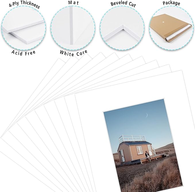 Golden State Art, Pack of 25, Acid-Free White Pre-Cut 8x10 Picture Mat for 5x7 Photo with White Core Bevel Cut Frame Mattes