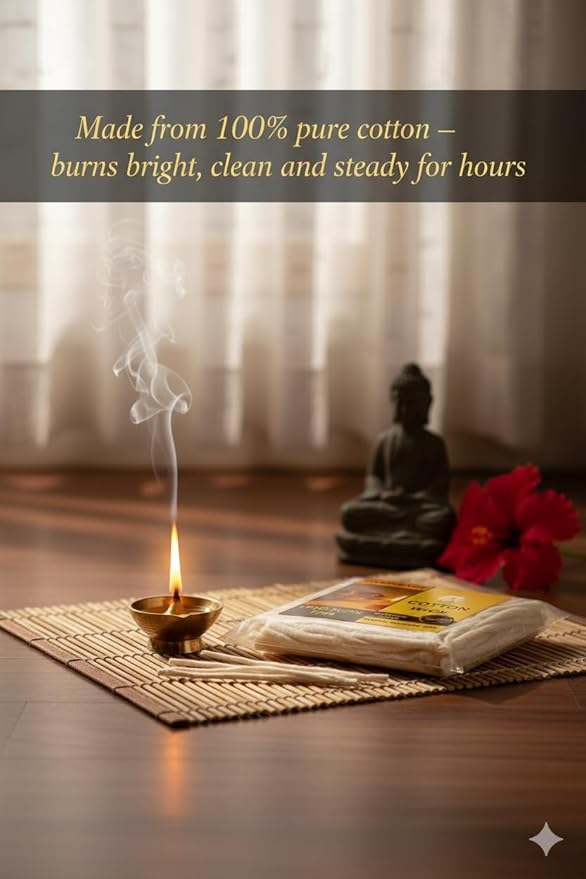 Cotton Wicks for Oil Lamps, Diya & Candles, 125 Pieces – 100% Natural Hand-Rolled Cotton, Smokeless Long-Burning Wick for Prayer, Meditation & Home Décor (Pack of 2)