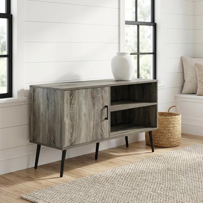 Furnifact Grey French Oak Mid Century Style TV Stand, Wood Legs, One Cabinet, Two Shelves, Elegant Wooden Finish, Durable, Contemporary Design