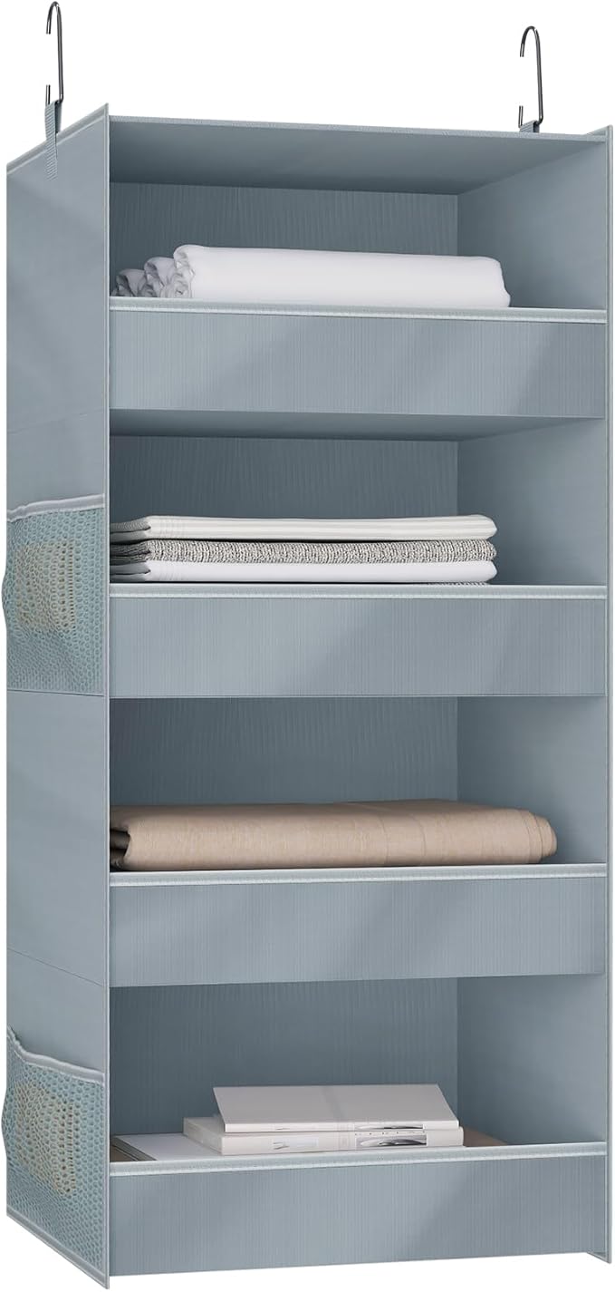 4-Shelf Hanging Closet Organizer and Storage Foldable Hanging Closet Shelves Front Lip Design Washable Hanging Storage, Gray