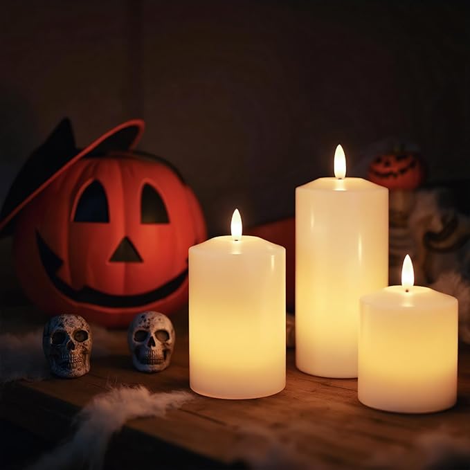 GenSwin Rechargeable Flameless Candles Battery Operated with Remote Timer, Set of 3 LED Pillar Candles with 3D Flickering Wick, Remote White Candle for Party/Wedding/Home Decor(D3x H4.6”5.8”6.8”)