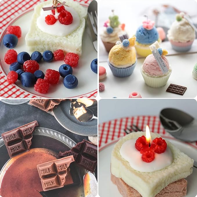5 Pcs Candle Making Mold, 3D Ice Cream Ball Shape Candle Molds 2 Pcs with Chocolate Shape Molds, 3D Fruit Shape Silicone Fondant Mold for DIY Wax Candle, Soap, Cake Cupcake Topper Decoration