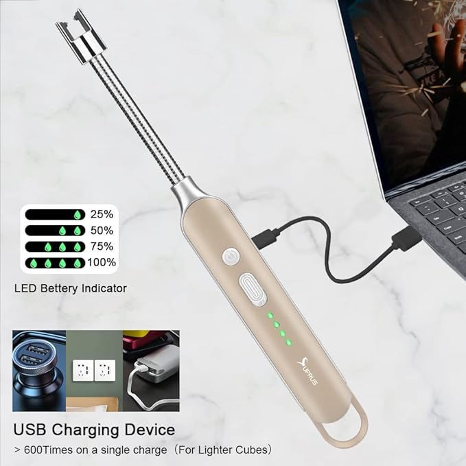 SUPRUS Electric Rechargeable Arc Lighter with LED Battery Display Long Flexible Neck USB Lighter for Candle Cooking (Gold, 3Packs)