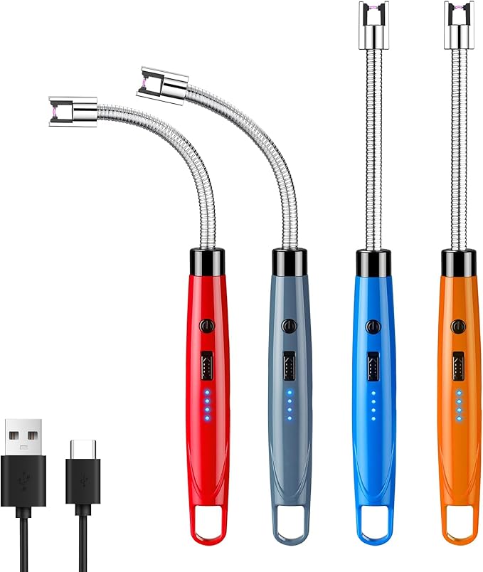 Candle Lighter Electric USB Rechargeable Plasma Arc Lighter with 360° Flexible Neck,LED Power Display,Safety Lock,Windproof Flameless,Long Arc Lighters Matches,4 Pack(HB-088B-4Pcs)