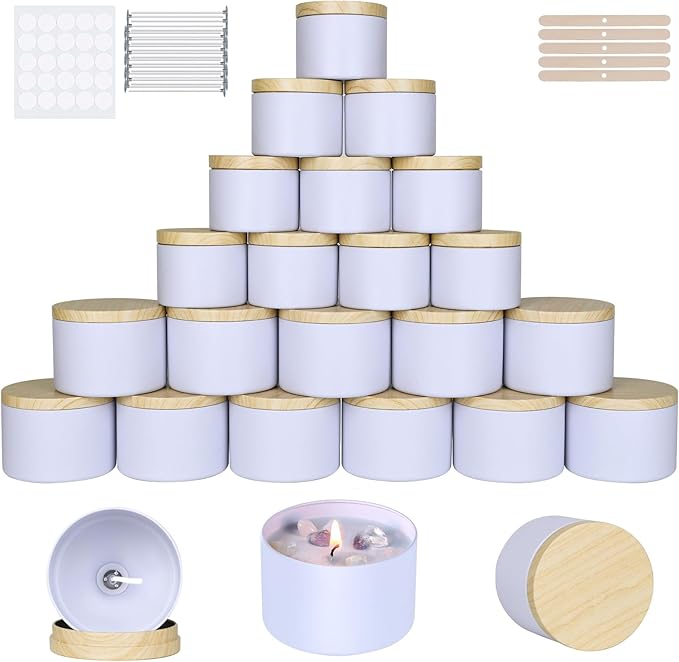 CONNOO 24-Pack Candle Tins - 12x 8oz & 12x 4oz Matte White Containers with Wick Kit and Wood Lids, for Candle Making, Storage, and Gifting