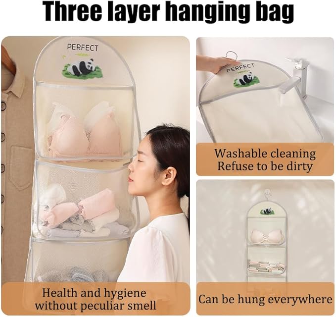 MIUPOO Multi Purpose Multi Layer Mesh Storage Hanging Bag,Hanging Storage with Metal Hanger Mesh Pockets for Bra Underwear Socks,Pockets Hang Store Bag for Door Wall Closet